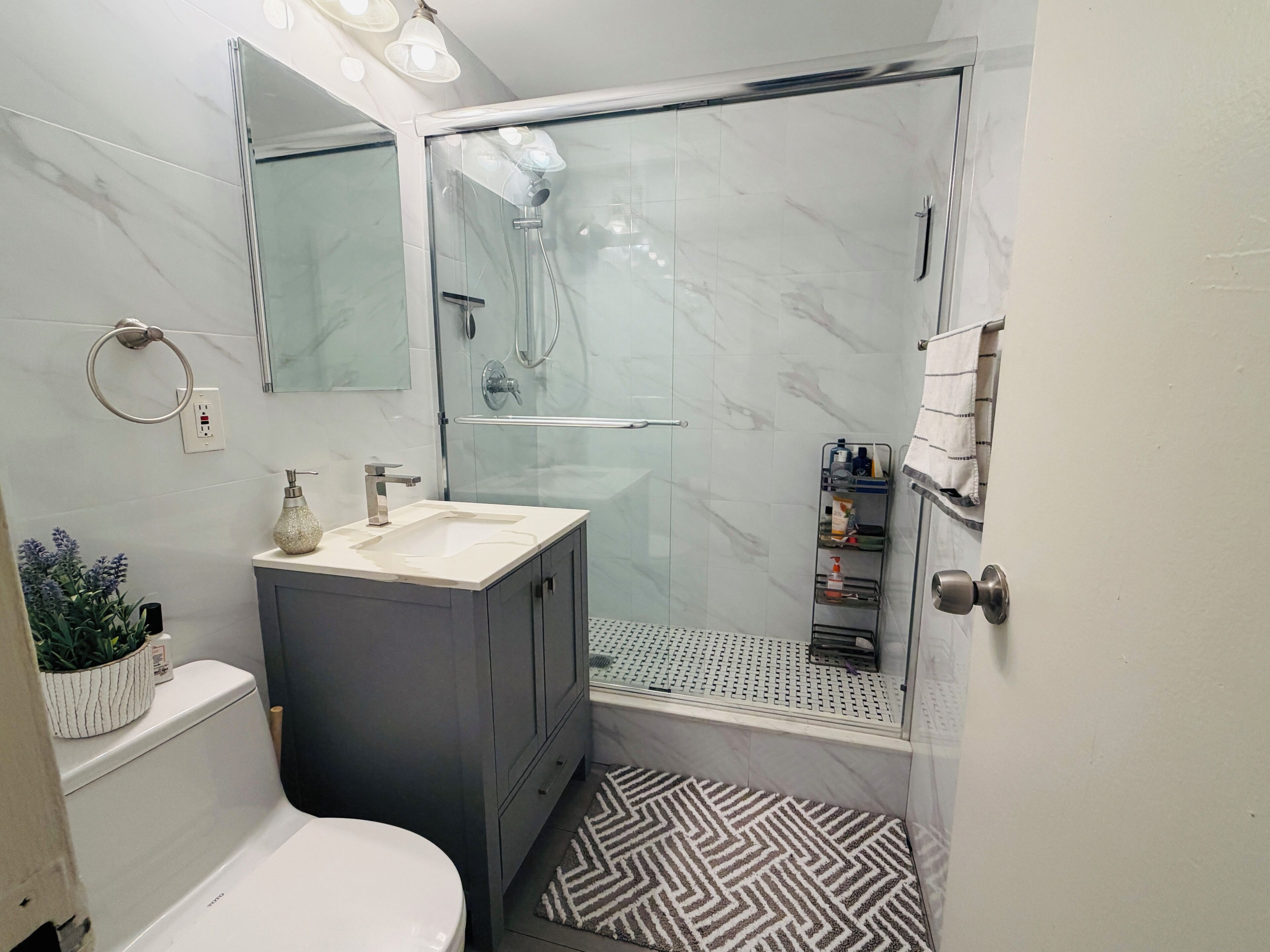 Shower, hair dryer, soap, toilet paper