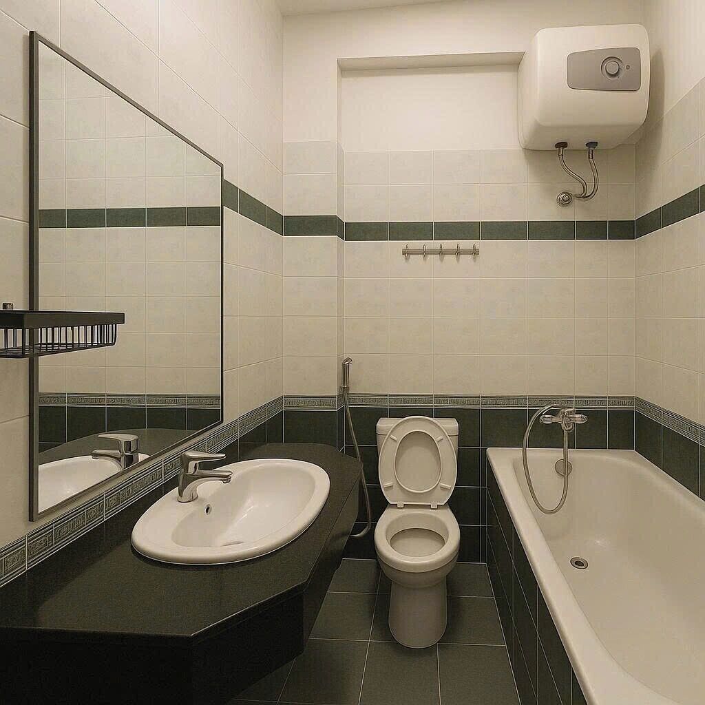 A bathroom with a sink, toilet, and bathtub, with green and white tiles.