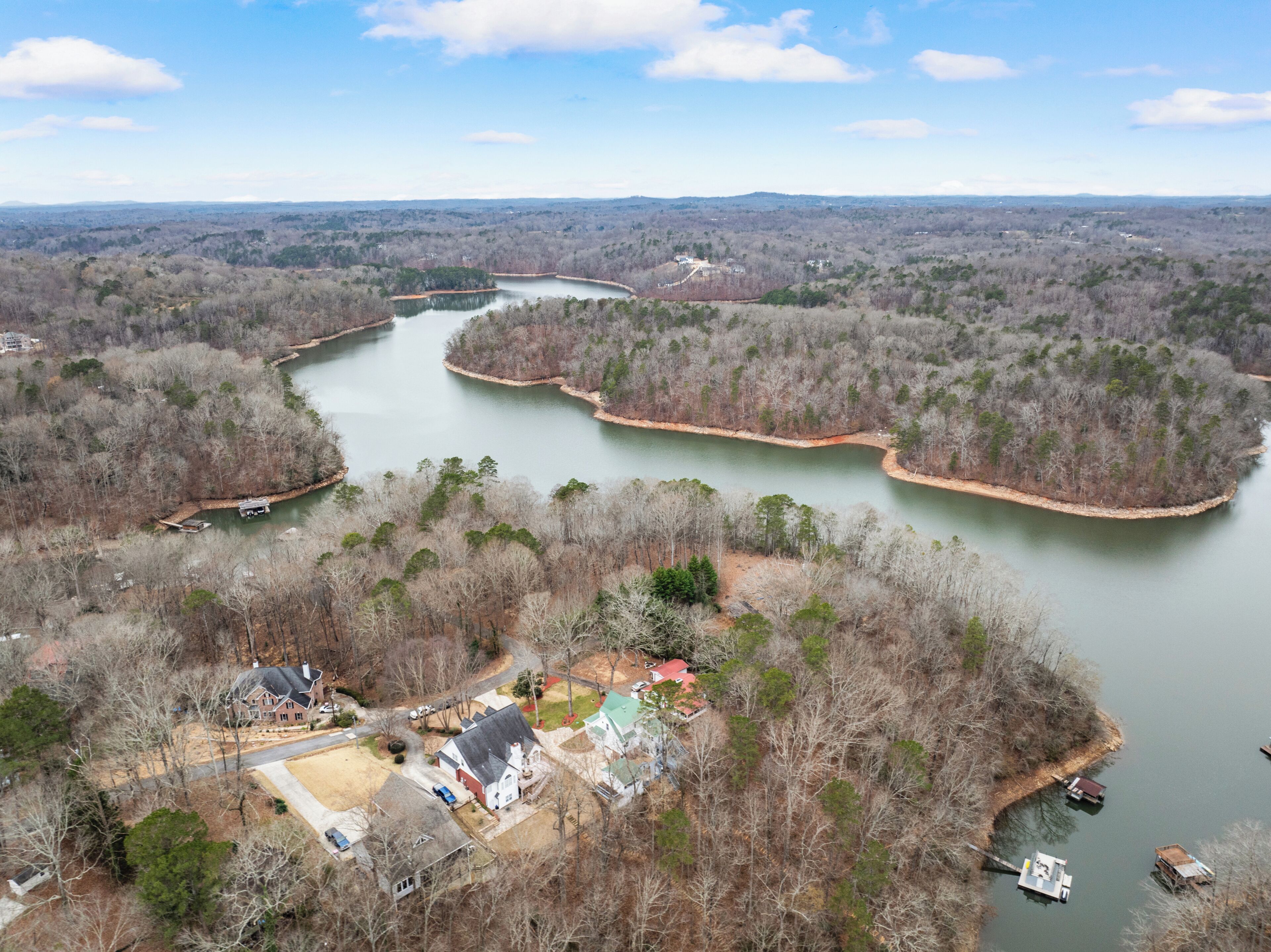 Vista aérea de un río rodeado de bosque, un muelle y una zona residencial con casas y un bote.