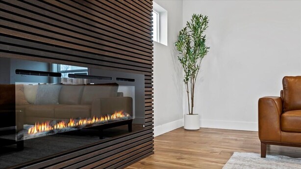 Un salon moderne avec une cheminée, un canapé en cuir et une plante en pot.