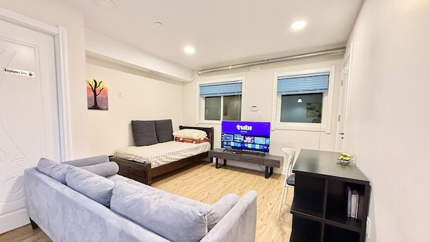 Una sala de estar moderna con un sofá, una cama, un televisor y un mueble negro pequeño.
