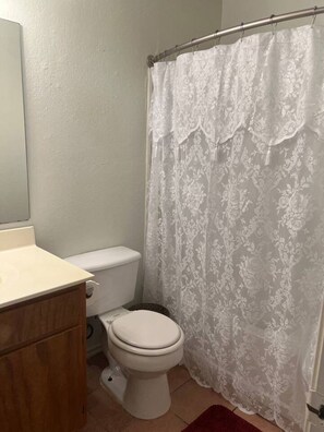 Hair dryer, towels, soap, shampoo