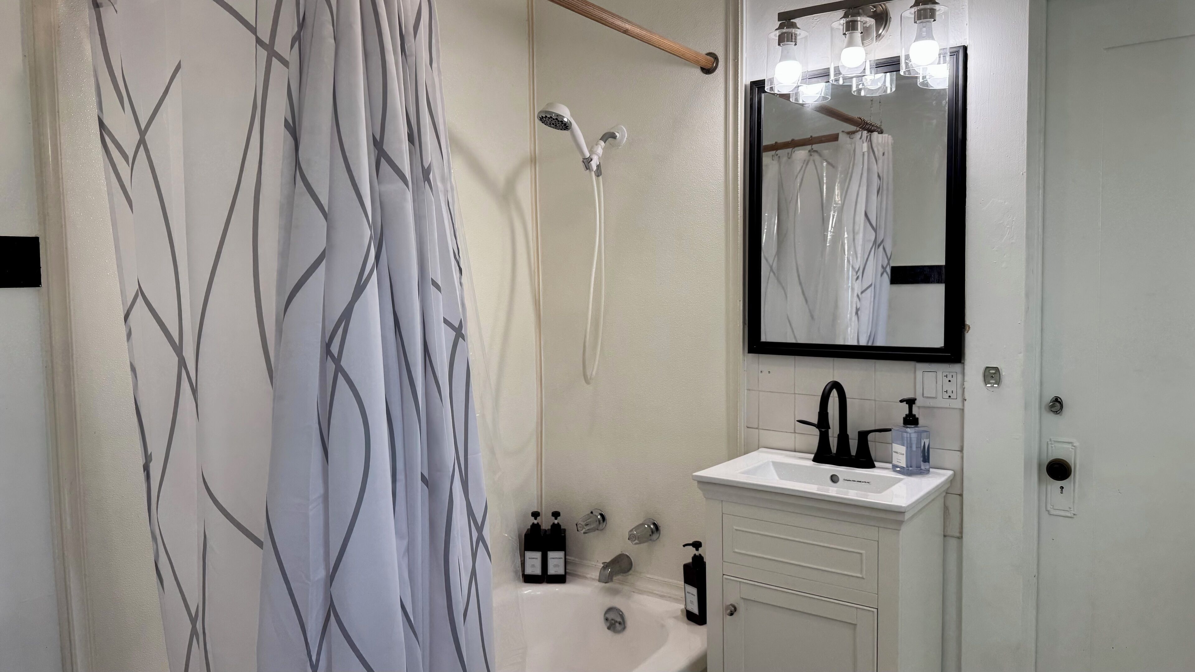 Hair dryer, towels, soap, toilet paper