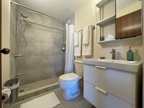 Shower, hair dryer, towels, soap - Cozy 2-bedroom apartment with AC in vibrant San Juan (San Juan)