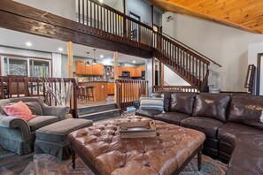 TV, fireplace - Mountain View Chalet Poconos - 8-Person Hot Tub, Firepit, Theater Room and Lakes (Pocono Lake)