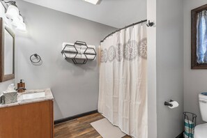 Hair dryer, towels, soap, toilet paper - Mountain View Chalet Poconos - 8-Person Hot Tub, Firepit, Theater Room and Lakes (Pocono Lake)