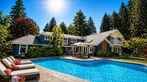 A swimming pool with lounge chairs, a patio area, and a house with a large deck. - World Cup 2026 Luxury Estate, West Van,  Pool, Tennis Court, Theatre, Gym (West Vancouver)