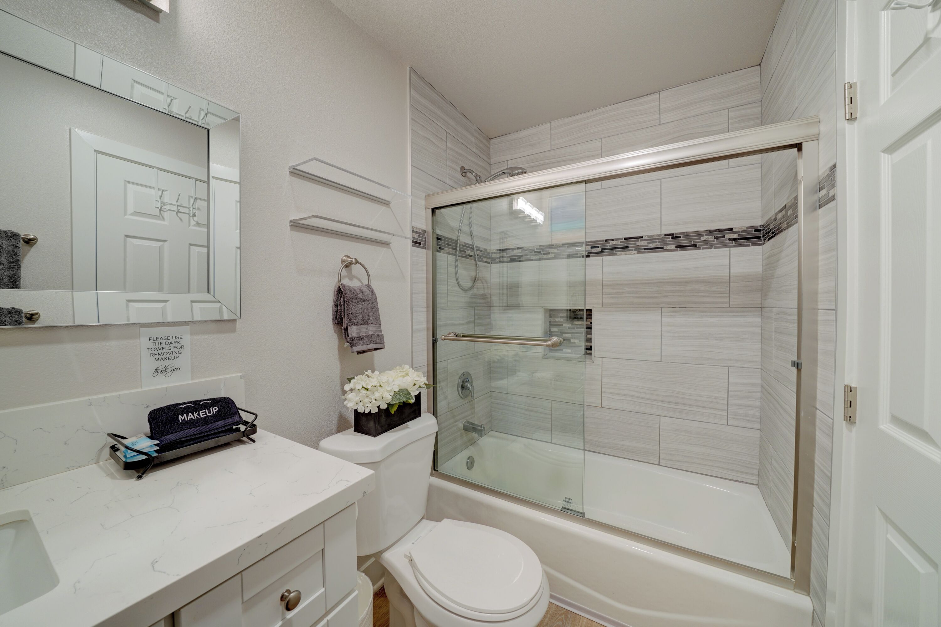 Hair dryer, towels, soap, shampoo