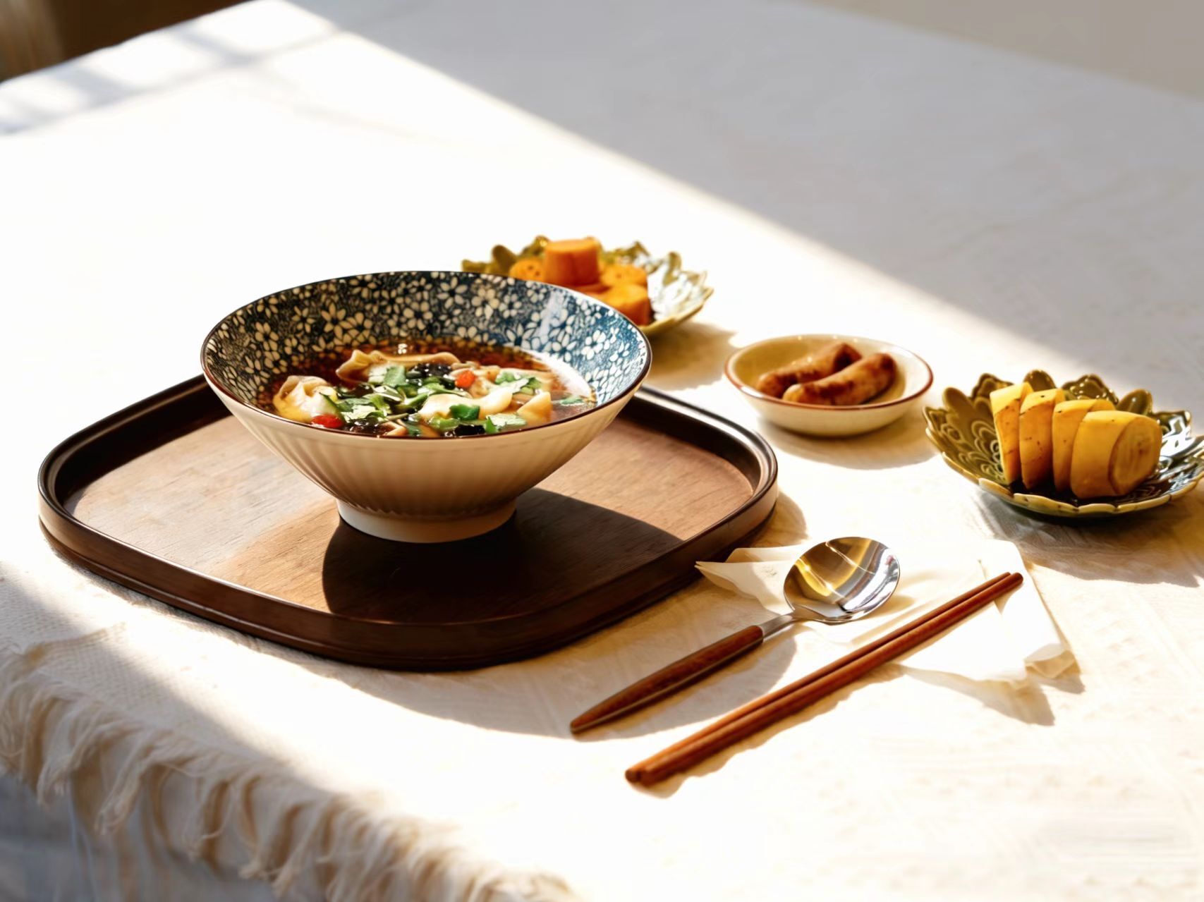 Un bol de soupe sur un plateau, accompagné d’un bol de raviolis et d’un bol de légumes marinés.