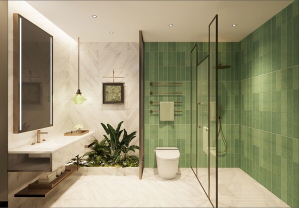 Chambre Confort avec lits jumeaux, véranda, vue cour intérieure | Salle de bain | Douche, douche à « effet pluie », articles de toilette de luxe