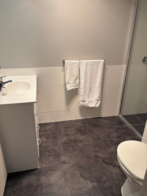 Douche, sèche-cheveux, serviettes fournies, savon