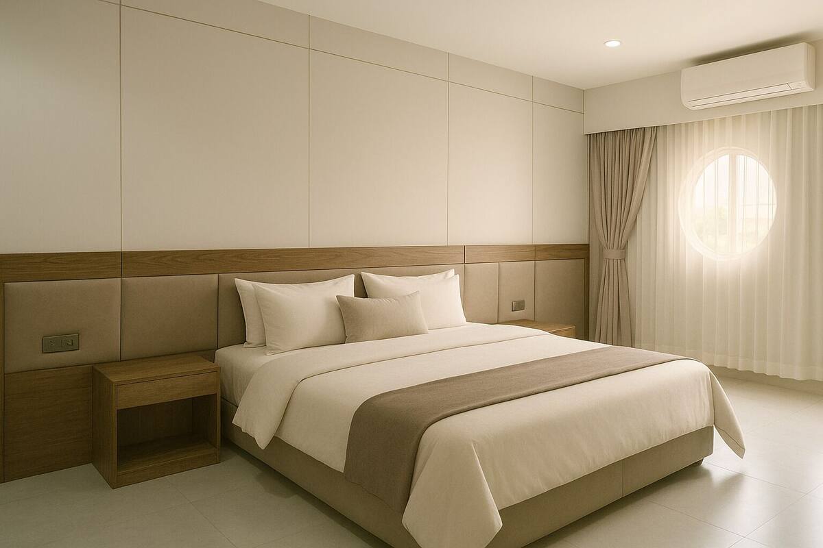A hotel room with a large bed, a nightstand, a wooden headboard, a built-in air conditioning unit, and a window with curtains.
