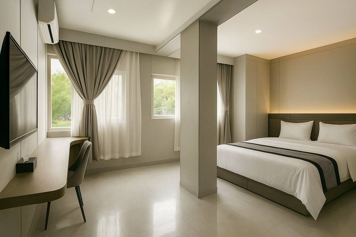 A modern hotel room with a large bed, a desk, and a TV.