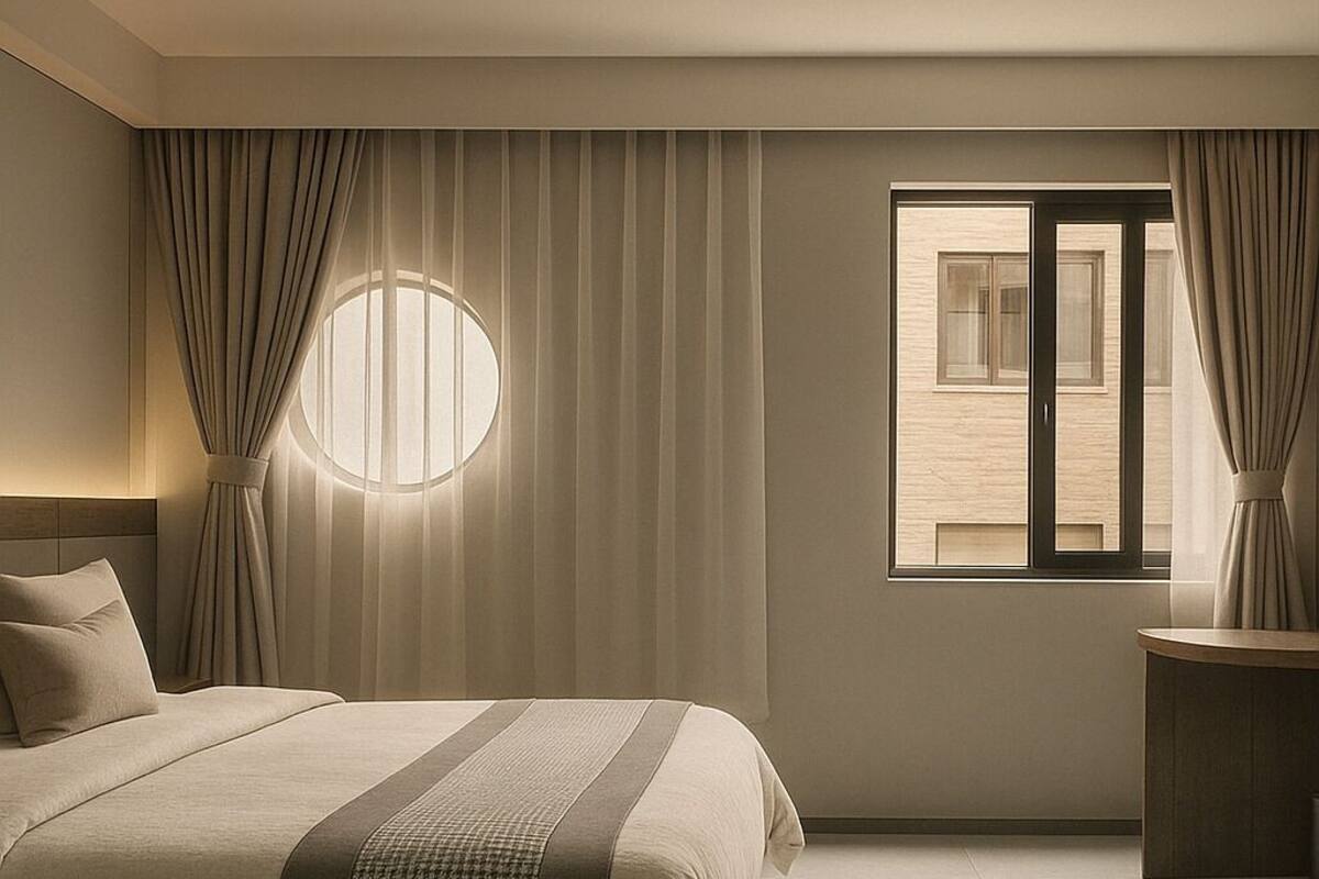 A modern hotel room with a large bed, a round window, and a view of the building outside.