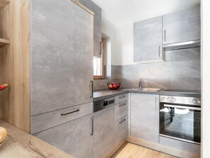 A modern kitchen with grey cabinets, a stainless steel sink, and a built-in oven. - Two holiday apartments in farmhouse with a view (Alpbach)