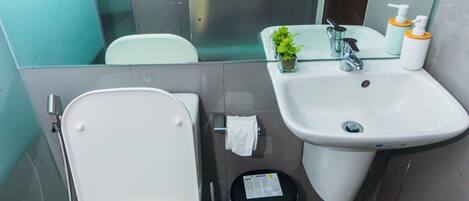 A small bathroom with a toilet, sink, and mirror.