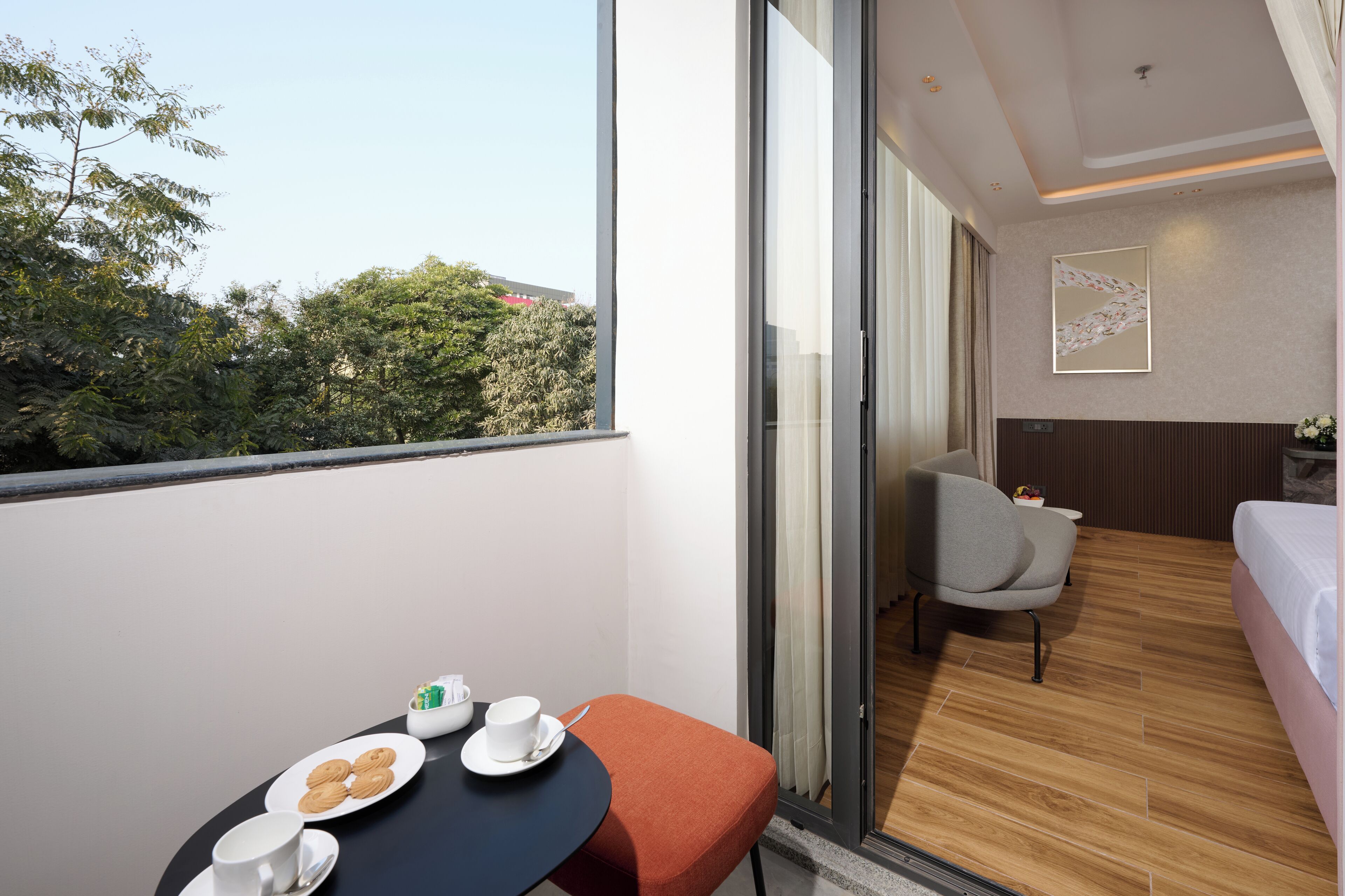 Desk, laptop workspace, blackout drapes, iron/ironing board