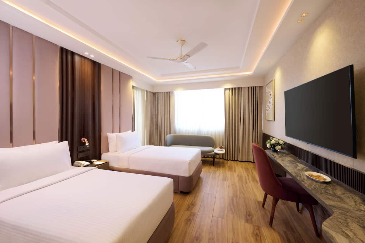 Desk, laptop workspace, blackout drapes, iron/ironing board