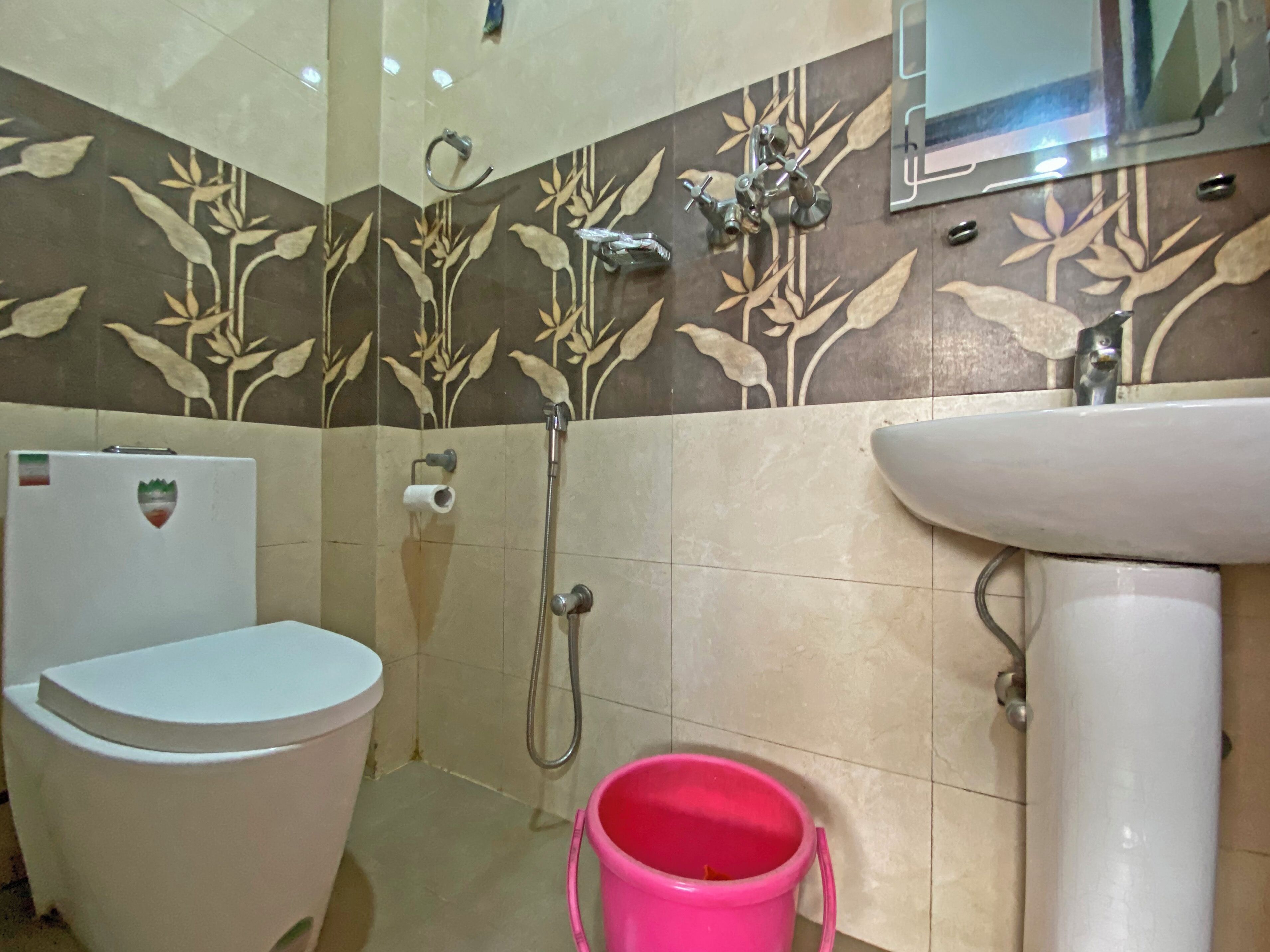 Shower, slippers, towels, soap