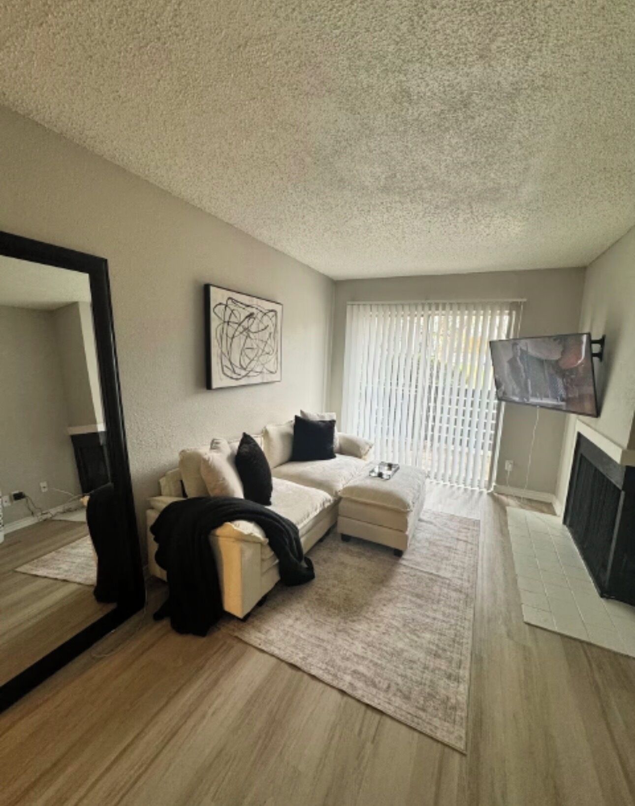 Smart TV, fireplace, books