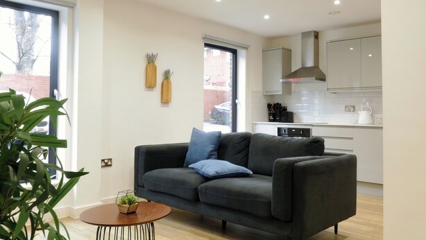 Ein modernes Wohnzimmer mit einem grauen Sofa, einem kleinen Holztisch und einer Topfpflanze. Im Hintergrund ist eine Küche mit weißen Schränken und einer Edelstahl-Dunstabzugshaube erkennbar.
