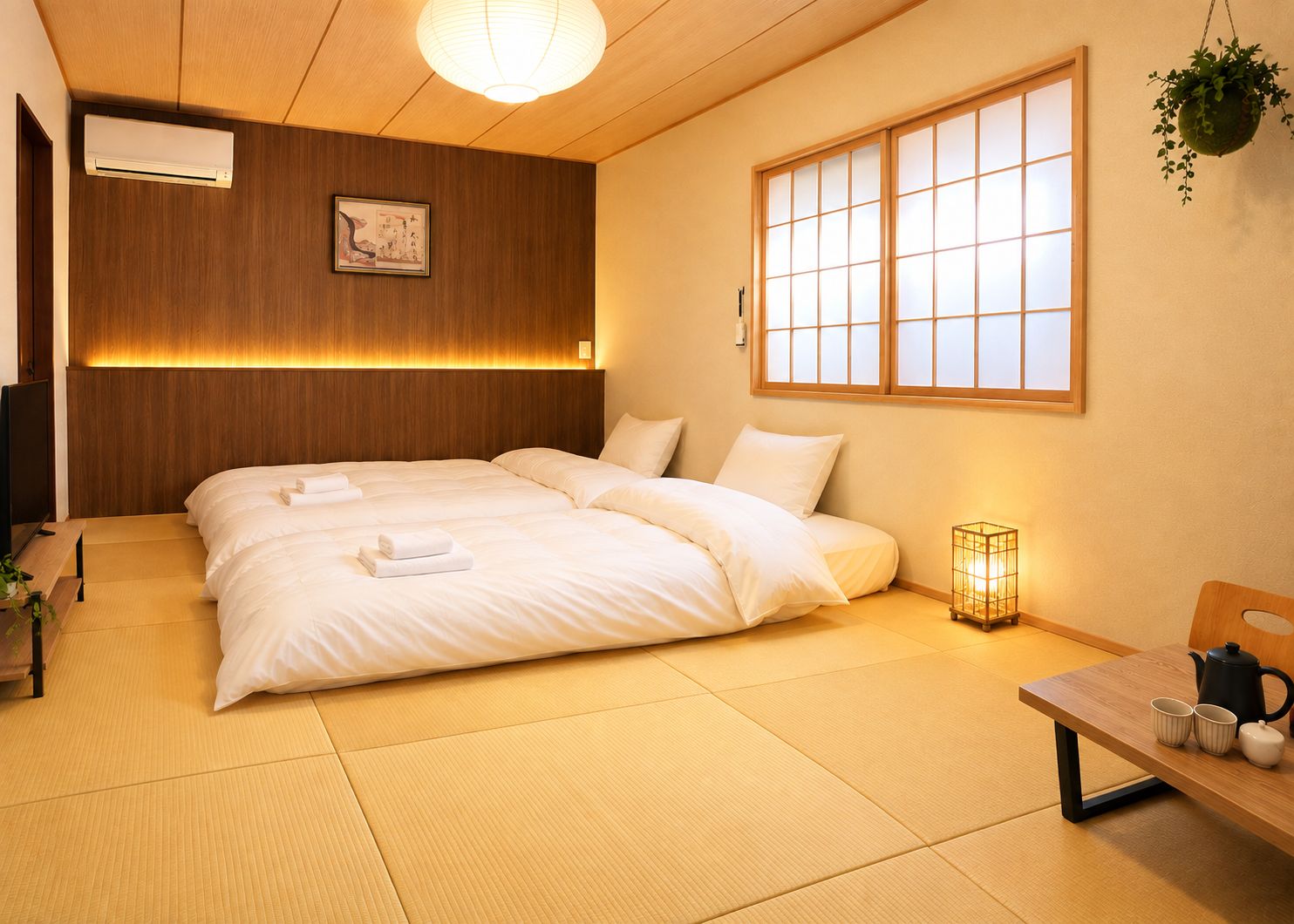 A traditional Japanese-style room with tatami flooring, a large bed with white bedding, a shoji screen window, and a hanging plant.