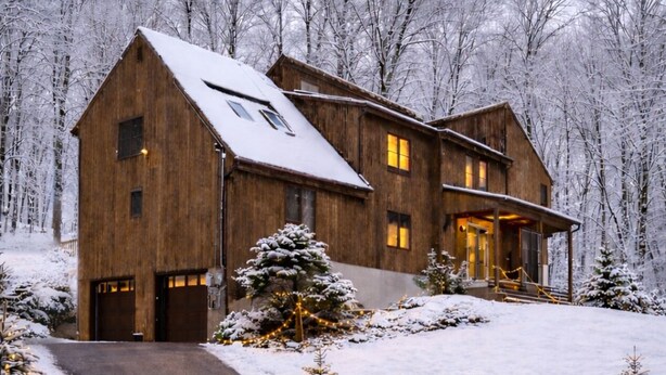 Una casa de madera grande y rústica con un techo empinado, rodeada por un bosque nevado.