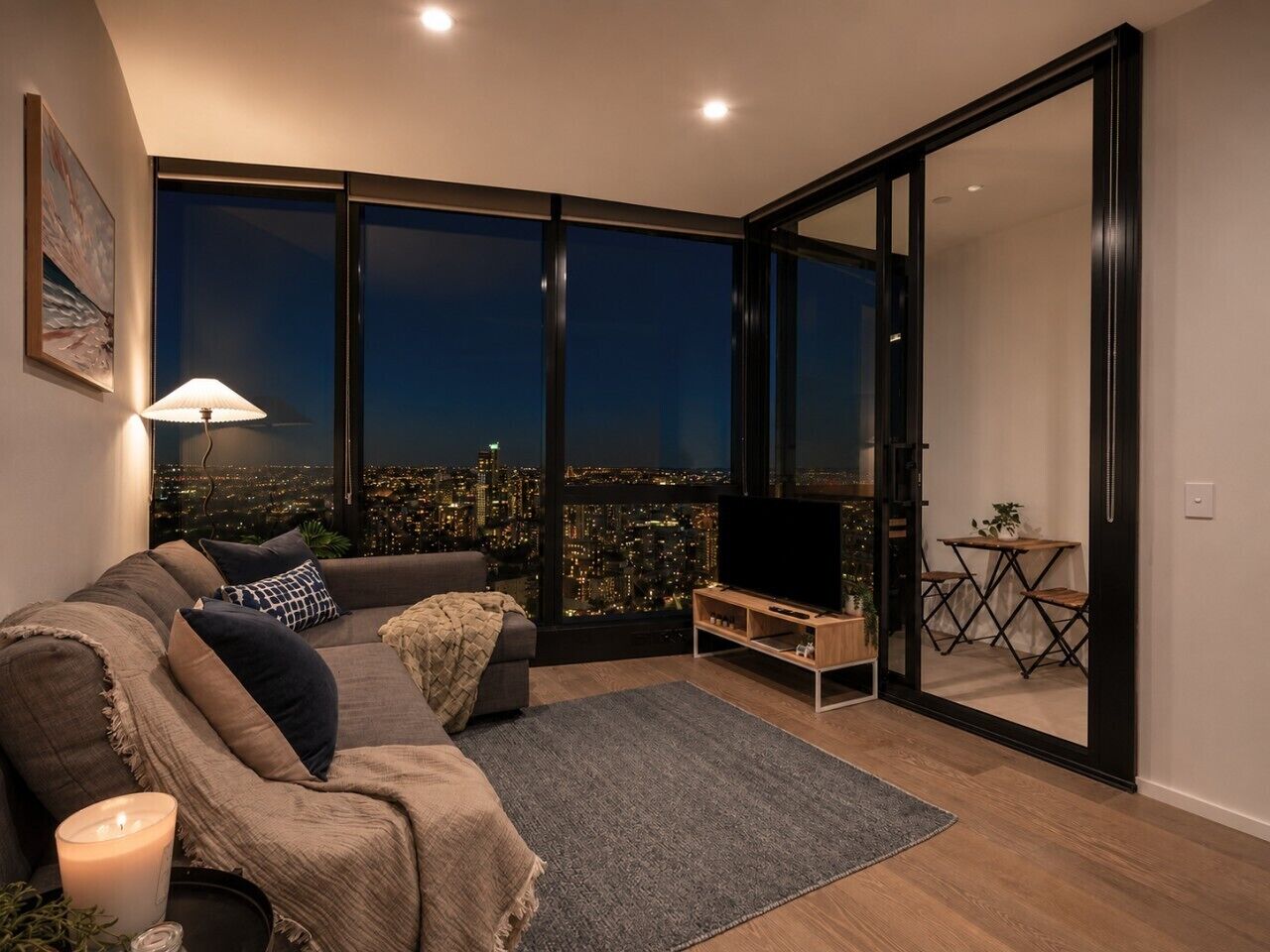 A modern living room with a sofa, a TV, a table, and a view of a cityscape at night.