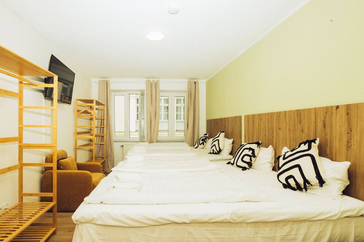 A hotel room with bunk beds, a TV, a wooden headboard, and a view of the outdoors.