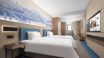 Desk, laptop workspace, blackout drapes, soundproofing