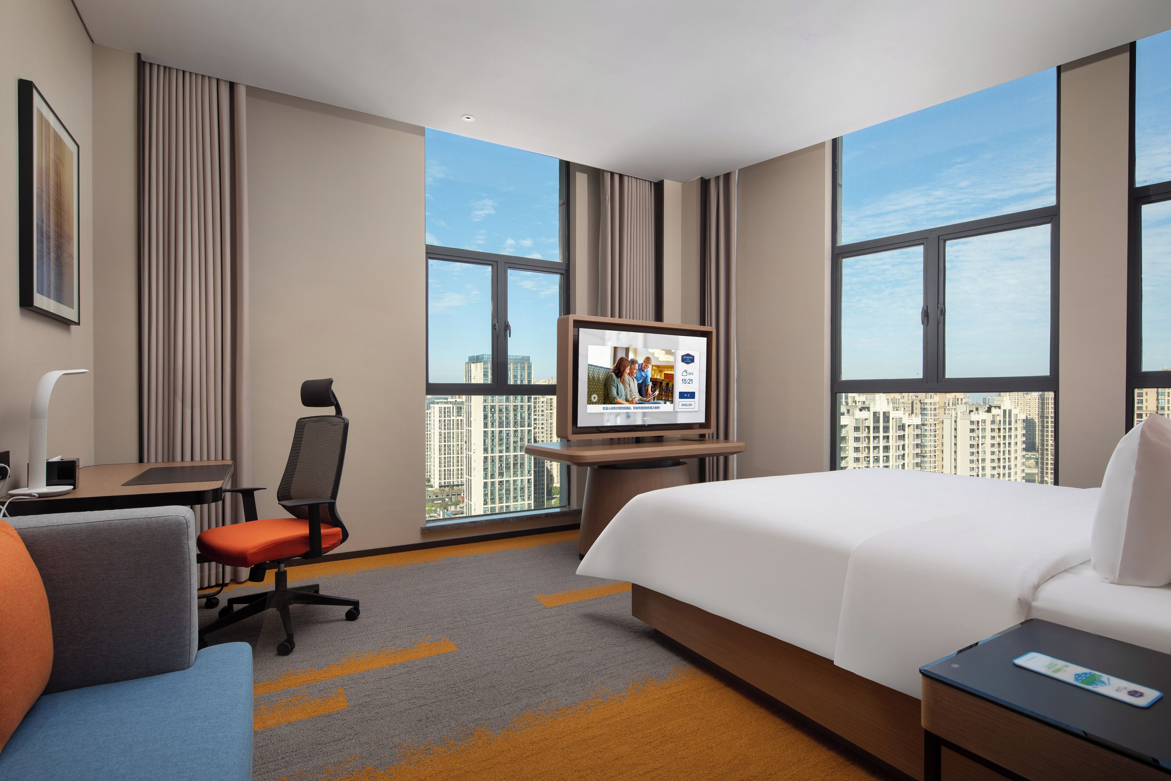 Comfort Room | Desk, laptop workspace, blackout drapes, soundproofing