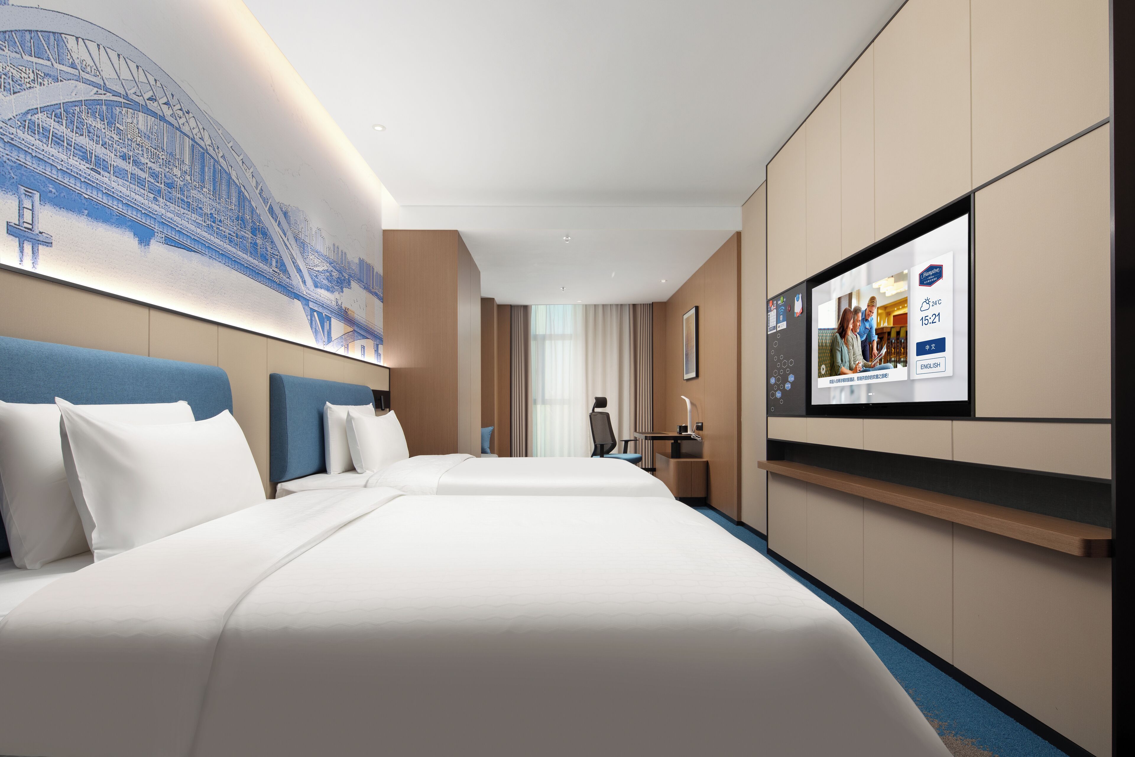 Desk, laptop workspace, blackout curtains, soundproofing