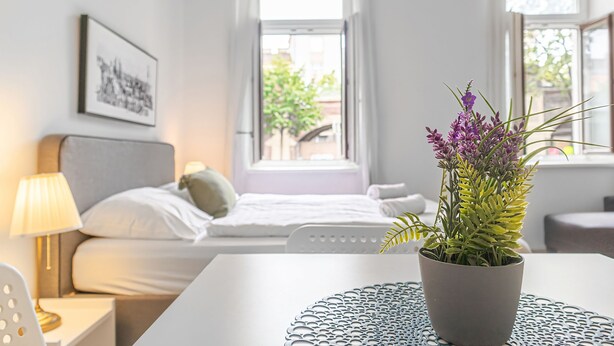 Ett hotellrum med en säng, ett nattduksbord med en lampa, en krukväxt och ett fönster med utsikt över grönområden utanför.
