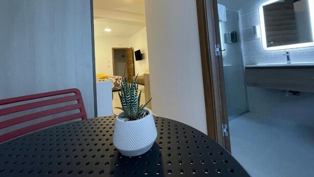 Een kamer met een ronde tafel, een potplant, een rode stoel en uitzicht op een badkamer met een raam.