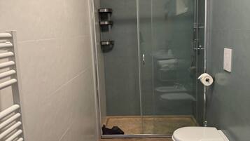 A small bathroom with a shower enclosure, a toilet, and a bidet.