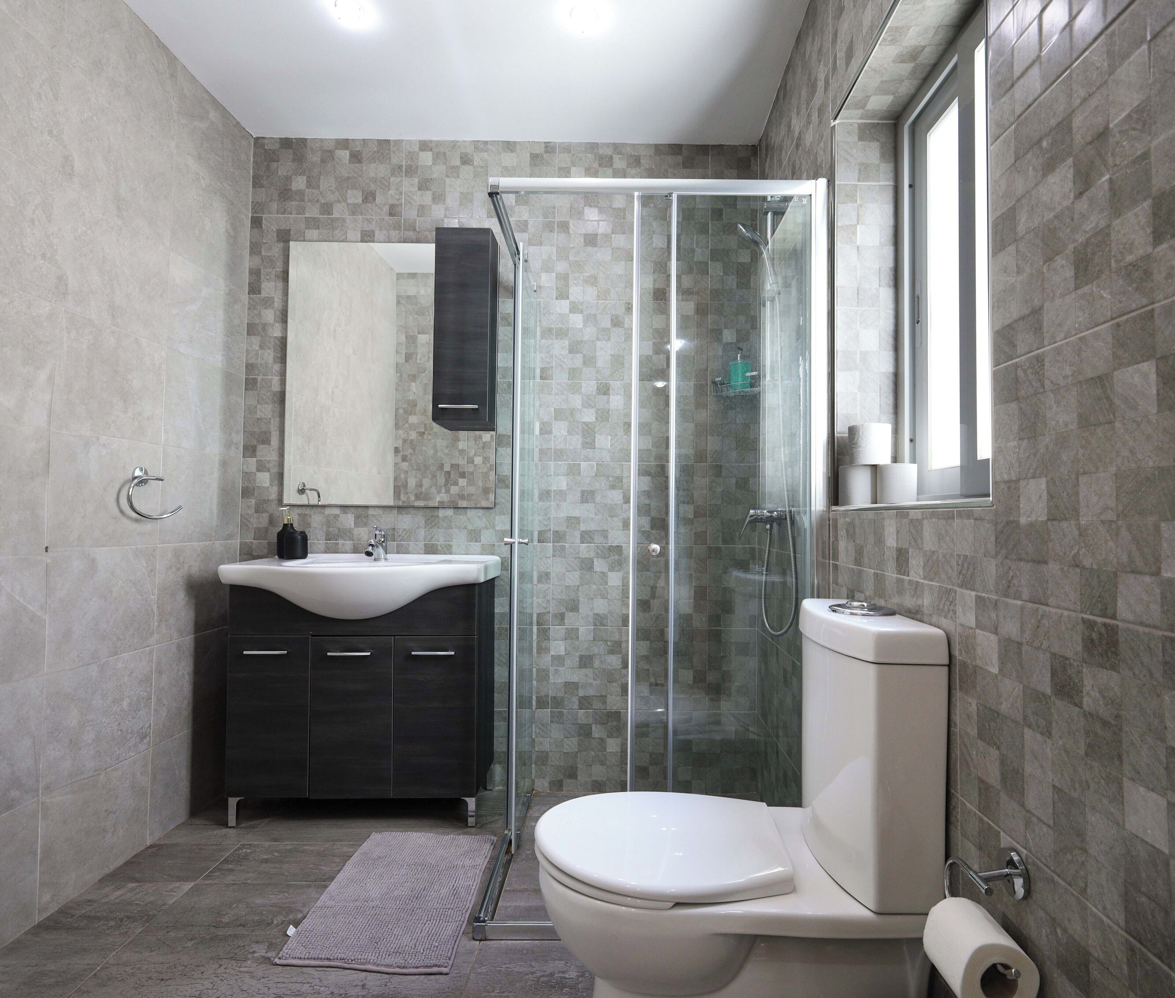A modern bathroom with a glass shower enclosure, a white toilet, and a dark vanity with a mirror.