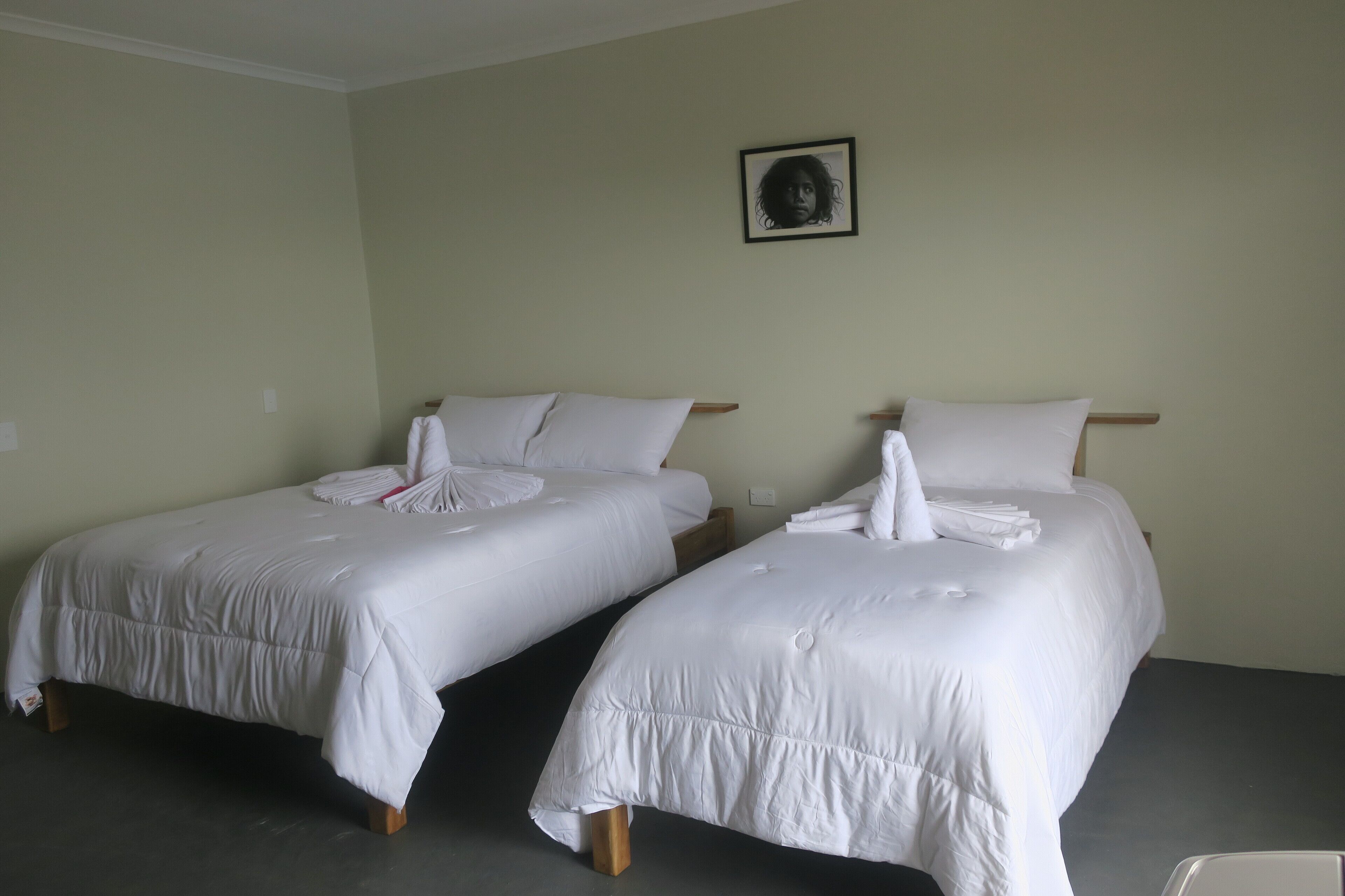 Two single beds with white bedding and wooden headboards in a room with light-colored walls.