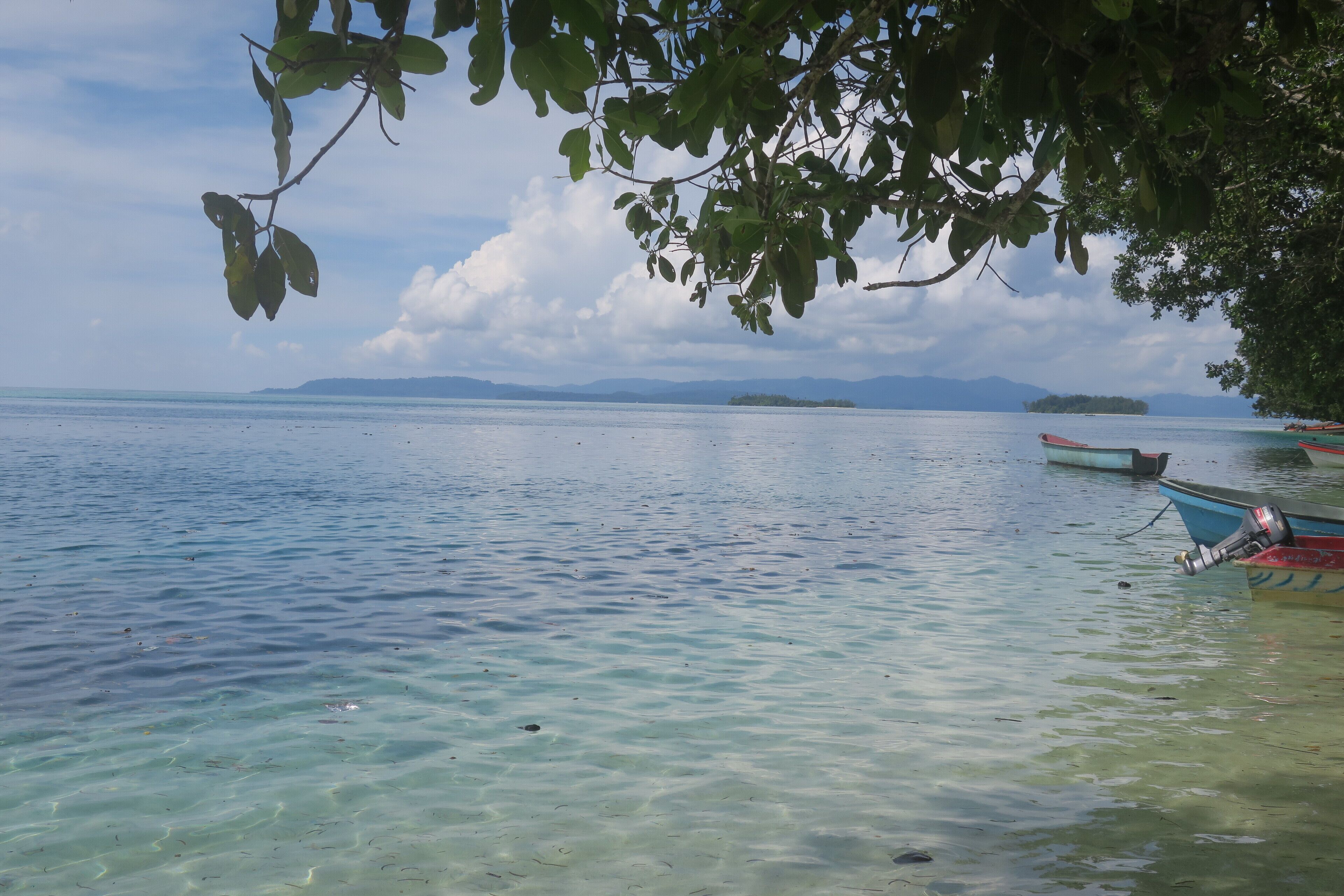 A calm body of water with boats and a distant island.