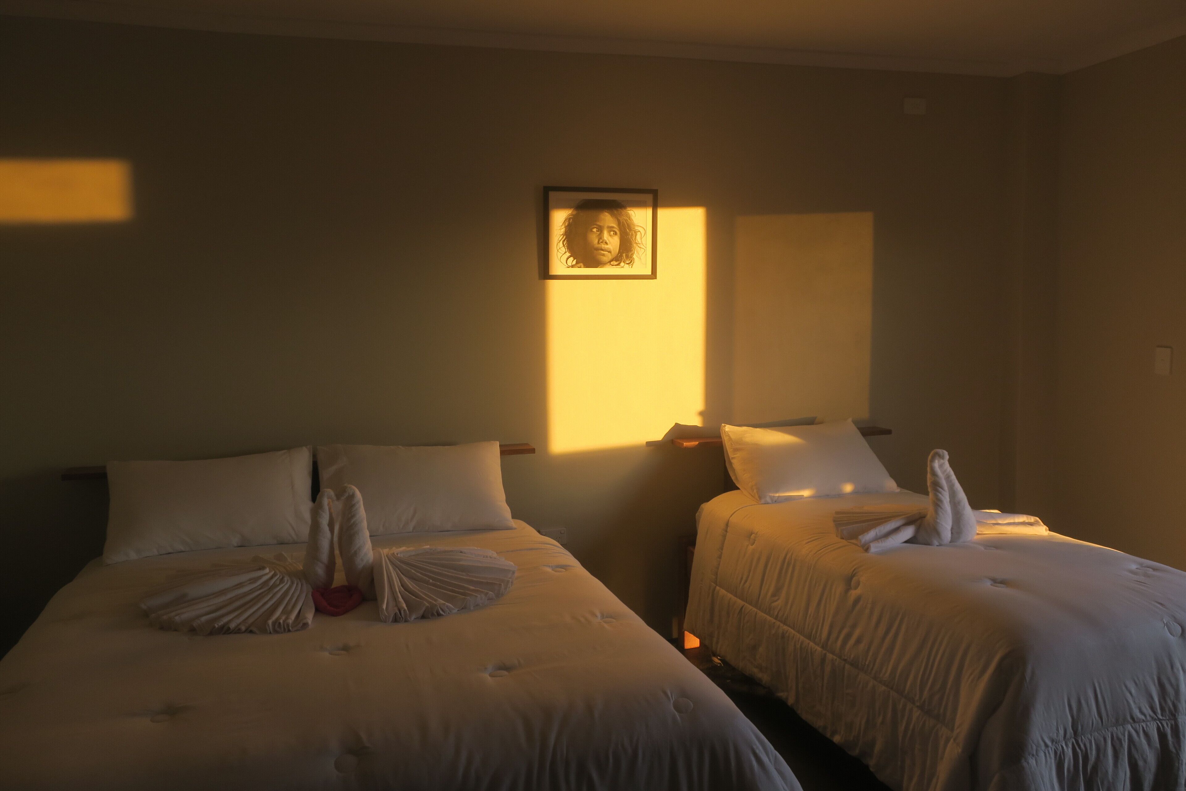 Two beds with towels arranged on them, a framed picture on the wall, and a window casting light into the room.
