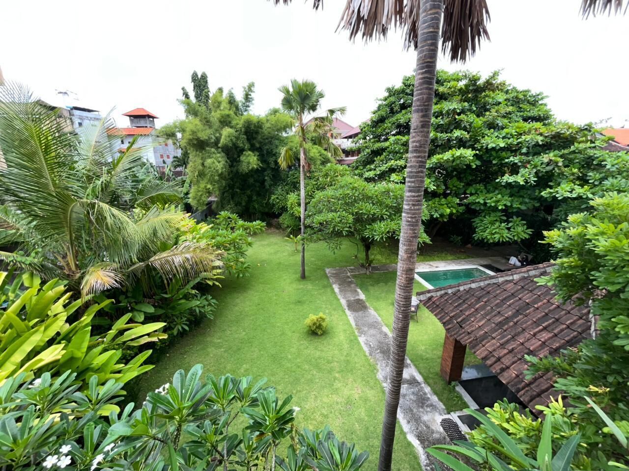A lush garden with a swimming pool, palm trees, and a small building with a tiled roof.