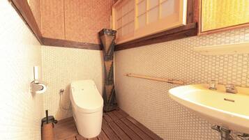 Hair dryer, towels, soap, toilet paper