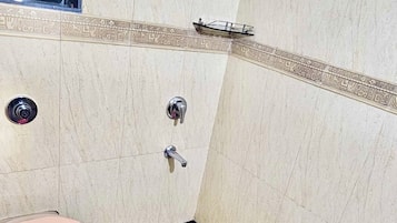 Shower, towels, soap, toilet paper