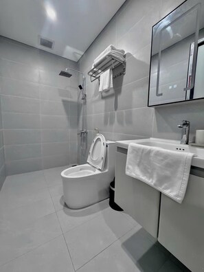 Douche hydromassante, articles de toilette de luxe, sèche-cheveux