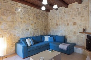 TV, fireplace - 3-Min Drive to Kalyves Beach, Stone Home with Private Pool in Armenoi Center (Chania)