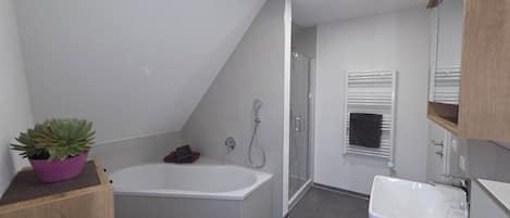Hair dryer, towels, soap, toilet paper