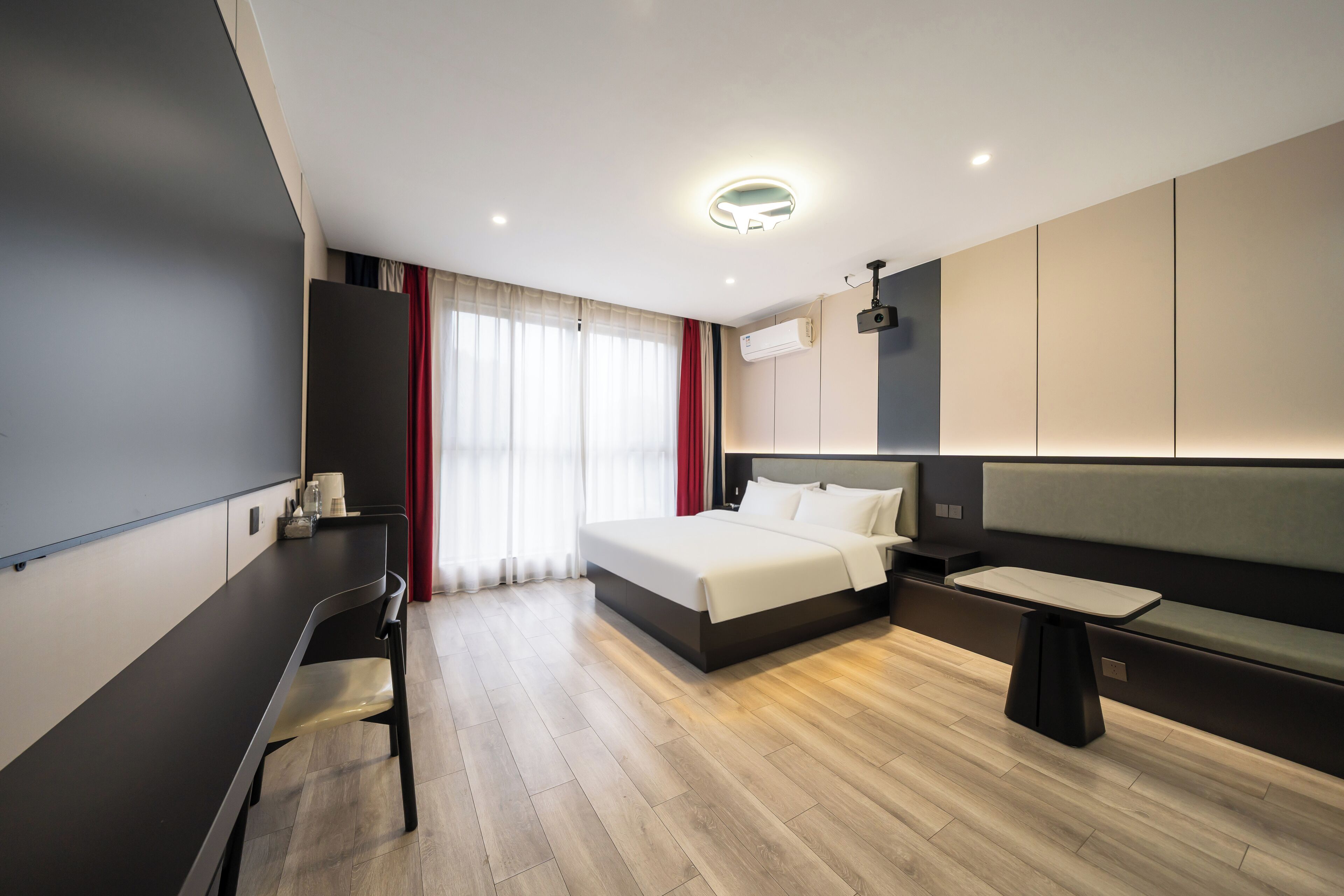 Desk, blackout curtains, soundproofing, iron/ironing board