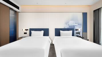 Desk, laptop workspace, blackout curtains, soundproofing