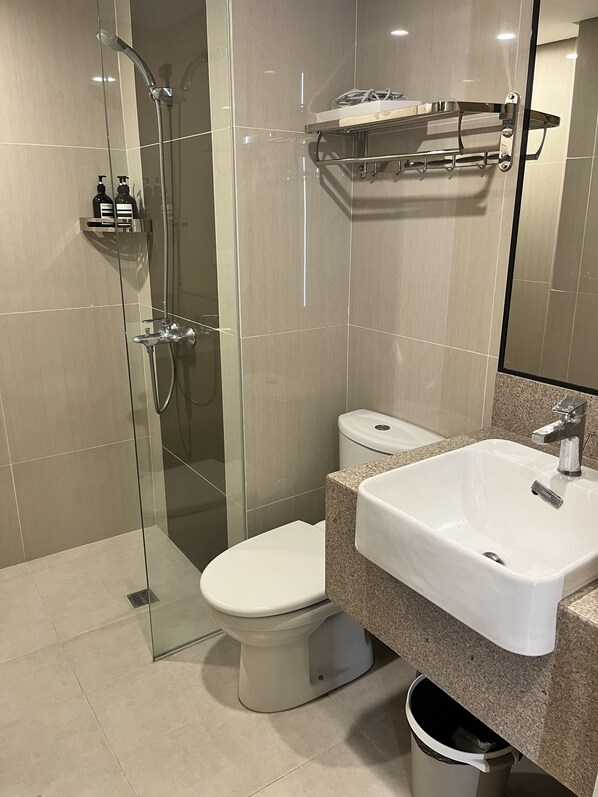 Un baño moderno con ducha de vidrio, inodoro blanco y lavamanos con encimera de granito.