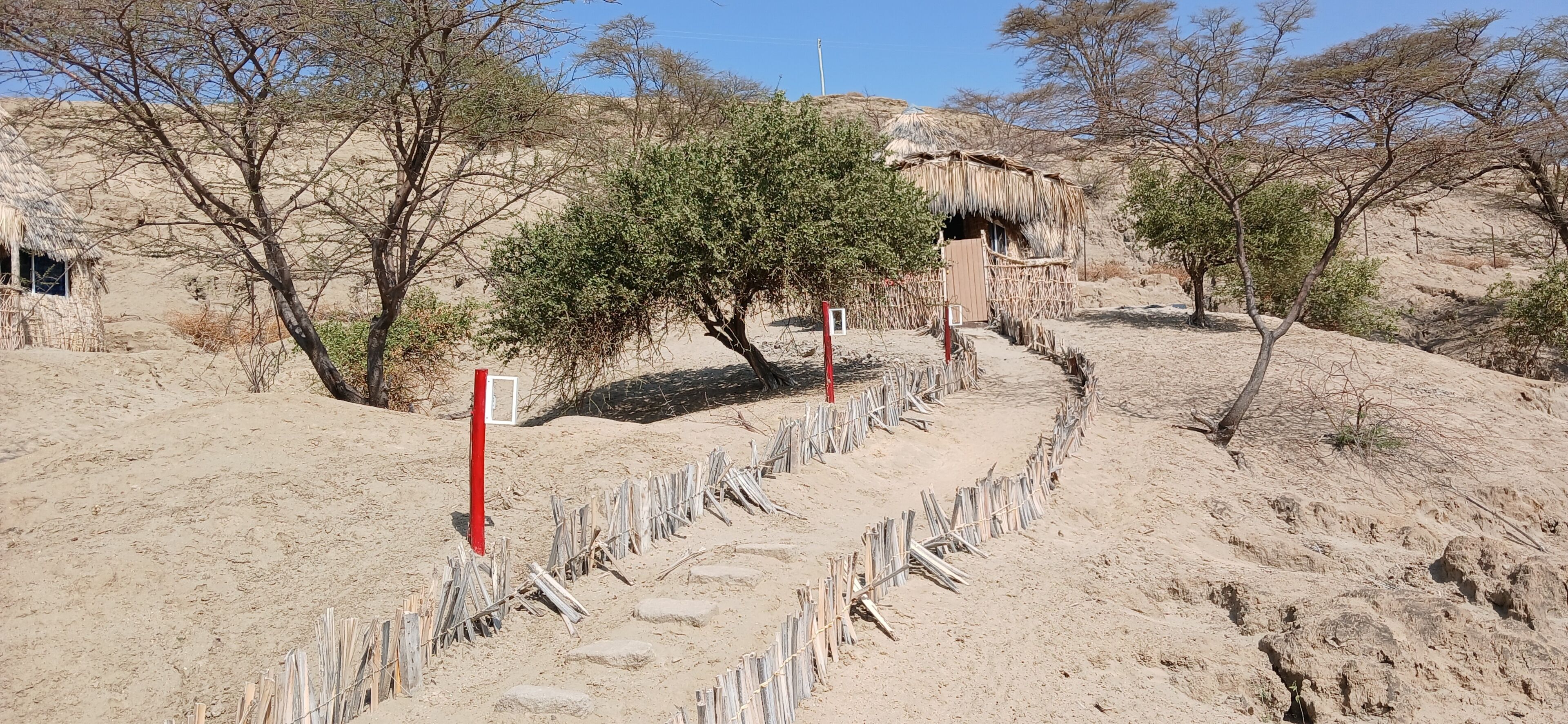 Un sendero arenoso que lleva a una construcción de techo de paja con un ventanal pequeño, rodeada de vegetación escasa y un cielo despejado.