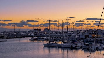 A marina filled with various boats at sunset.